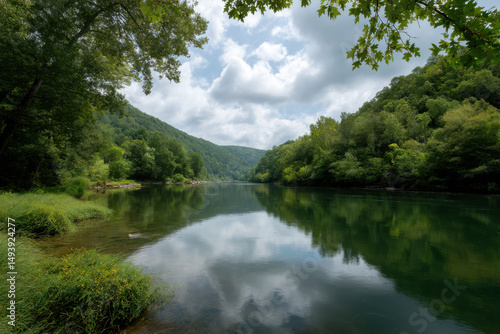 serene river flowing through lush landscapes of west virginia surrounded by dense forests and rolling hills
