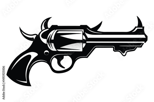 Stylized Silhouette of a Revolver with Curving Hornlike Projections Black Ink Design