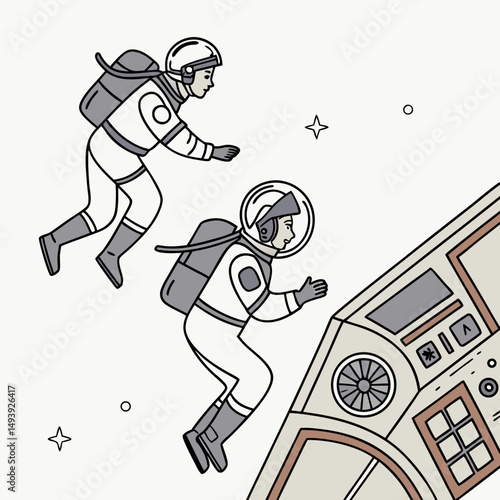 Two astronauts spacewalk near spaceship cartoon illustration