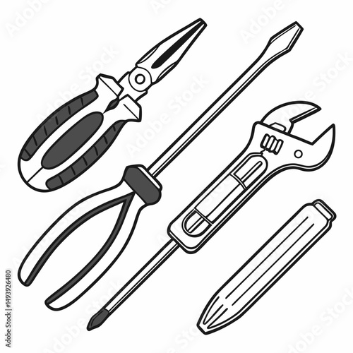 Hand drawn illustration of tools pliers screwdriver wrench sealant tube