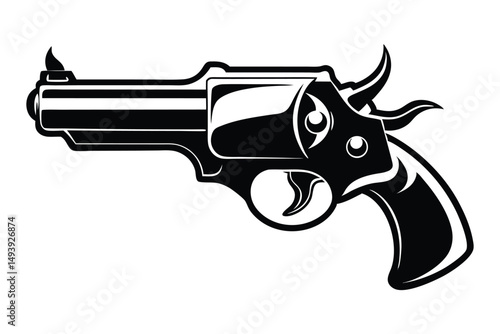 Stylized Vector Illustration of a Black Revolver with Horns Accents and Details