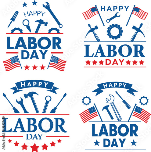 Four labor day themed designs with tools flags and stars in red white and blue colors on a white background