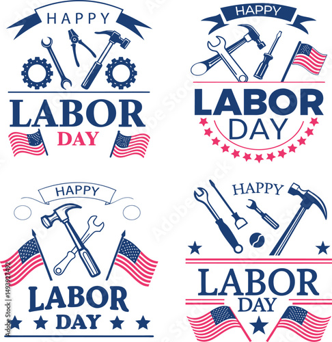 Collection of happy labor day themed graphic designs with tools and american flags on a white background