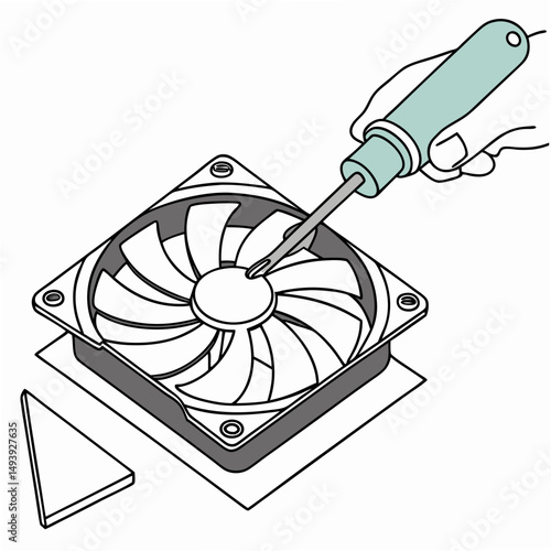 fan repair with screwdriver, black and white clip art preview