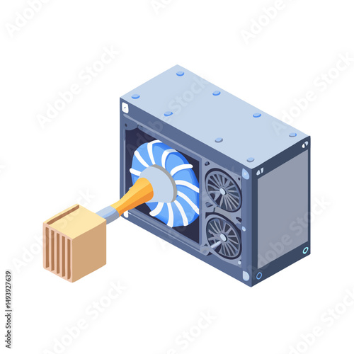 Isometric illustration of computer case with internal fan and external cooling system on white background