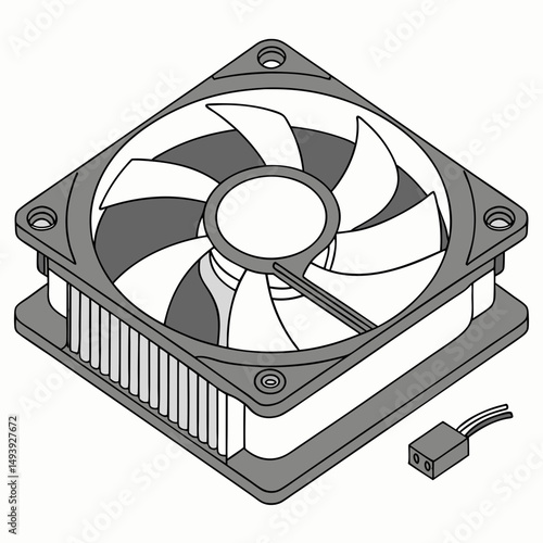 Computer cooling fan isometric illustration gray scale