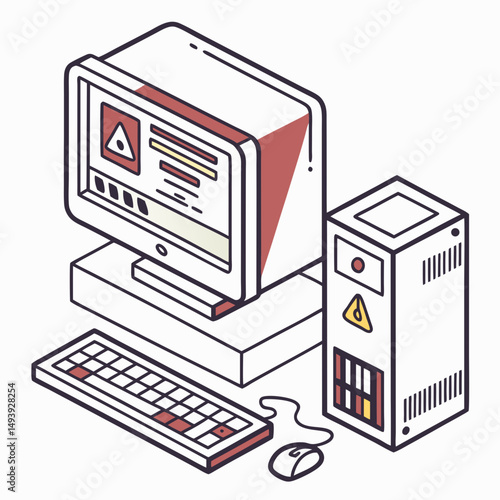 Retro computer isometric illustration desktop pc keyboard mouse