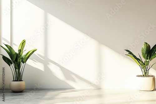 Room interior sunlight streams onto wall, two potted plants on each side