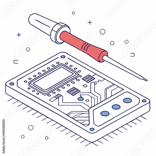Professional isometric circuit board with soldering iron on white background