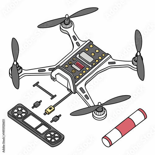 Disassembled drone quadcopter with parts and battery