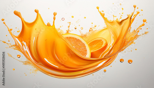 falling orange juice splash isolated on a white background splashes wave swirls drops fluids droplets generative ai