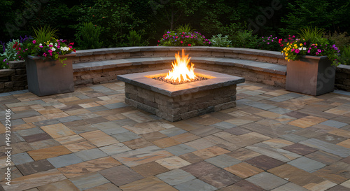 Elegant Outdoor Living Space Featuring a Stone Fire Pit and Paver Patio