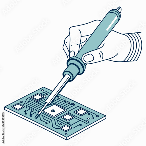 Professional hand soldering circuit board illustration with transparent background