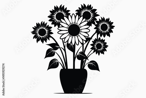 Graphic Potted Sunflowers with Leaves and Stems Isolated Decorative Design Element