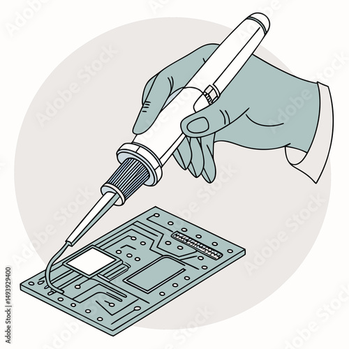 Gloved hand soldering a circuit board with a soldering iron