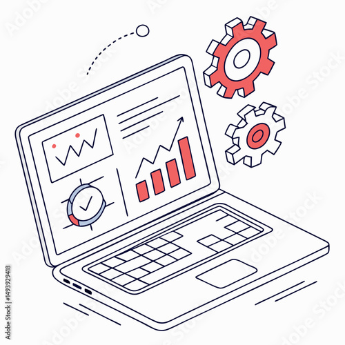Laptop screen displaying graphs charts and gears indicating business analytics and process optimization