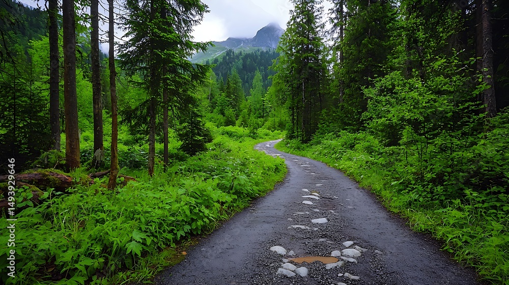 Fototapeta premium there is a dirt road in the middle of a forest with a mountain in the background