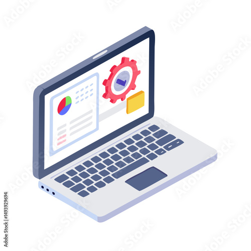 Isometric laptop with clean interface design elements on transparent background