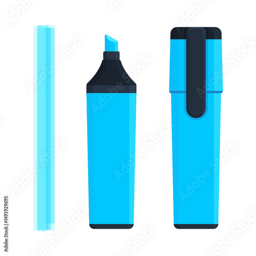 Set of blue highlighter marker pen with flat tip, stroke line, uncapped and capped version. Stationery, school and office supply. Flat vector illustration isolated on white background	
