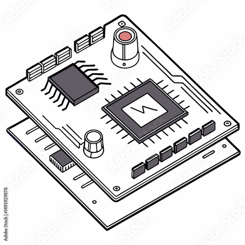 Isometric illustration of a circuit board with microchips and components