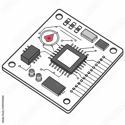 Isometric illustration of a circuit board with a central processor and various components