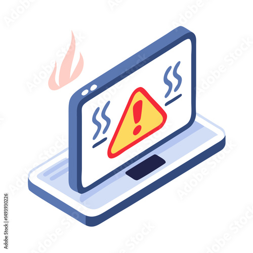 Overheating laptop with warning sign isometric illustration transparent background