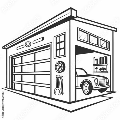 Classic car garage black and white illustration