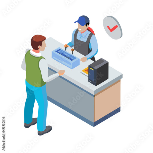 Isometric illustration customer paying at counter with transparent background