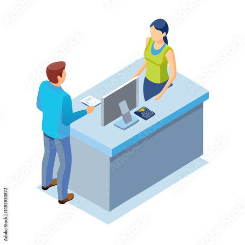Professional isometric illustration customer service desk agent and client interaction