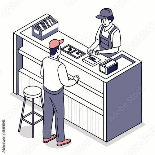 Customer purchasing items at a retail counter isometric illustration