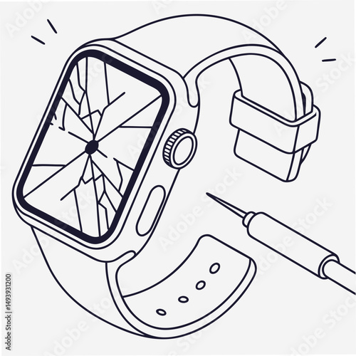 Broken smartwatch screen repair line art illustration isolated on white
