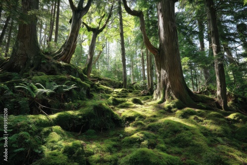 A mossy forest floor in an old-growth woodland
