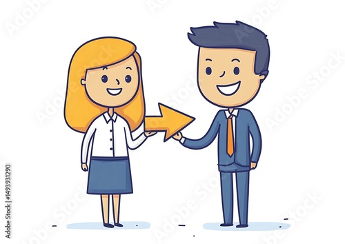 Cartoon characters pointing with arrow