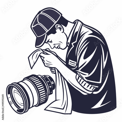 Technician carefully cleaning camera lens with cloth