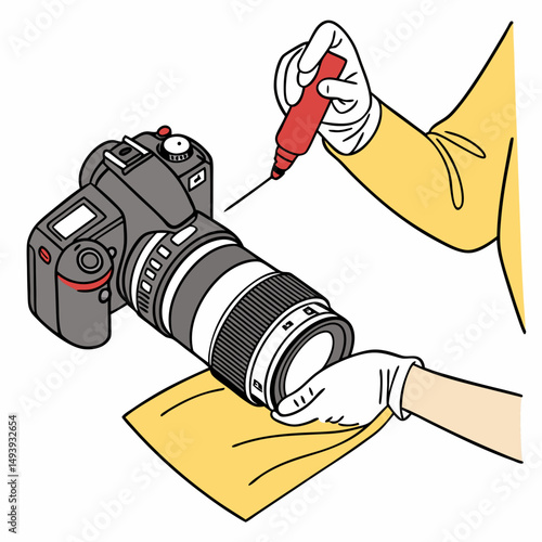 Cleaning dslr camera lens with sensor cleaning pen and microfiber cloth