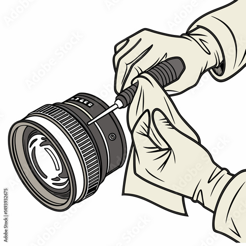 Cleaning camera lens with gloved hands and tool