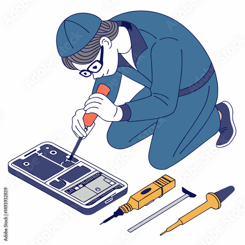 Technician repairing smartphone screen internal components