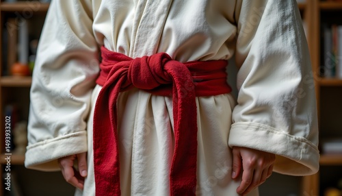 Person in White Robe with Red Knot Belt in Indoor Setting