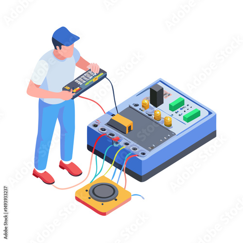 Technician repairing electronic device isometric illustration