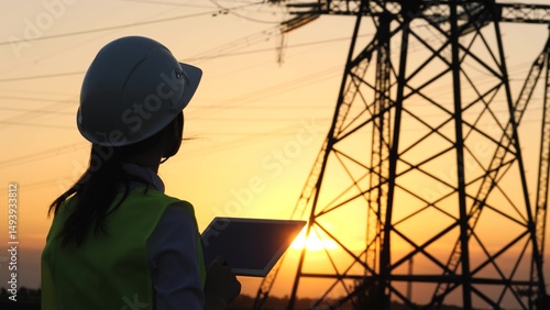 silhouette electrician engineer hand holding tablet. electric power industry high voltage. employee electrician works sunset. energy concept. electric tower high voltage. power line. work tablet sun.