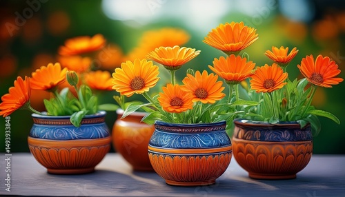 Wallpaper Mural Bunte handgetöpferte Blumentöpfe mit Ringelblumen – Nahaufnahme Torontodigital.ca