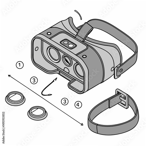 Professional vr headset disassembled parts diagram isolated on white