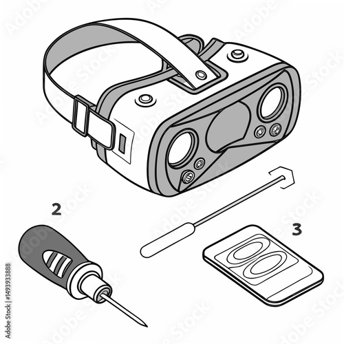 Professional vr headset illustration with tools isolated on white background