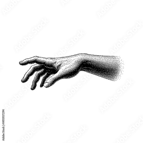 Detailed illustration of a hand reaching out in a surreal, minimalist style
