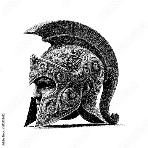 Intricate decorative spartan helmet carved with ornate detailing
