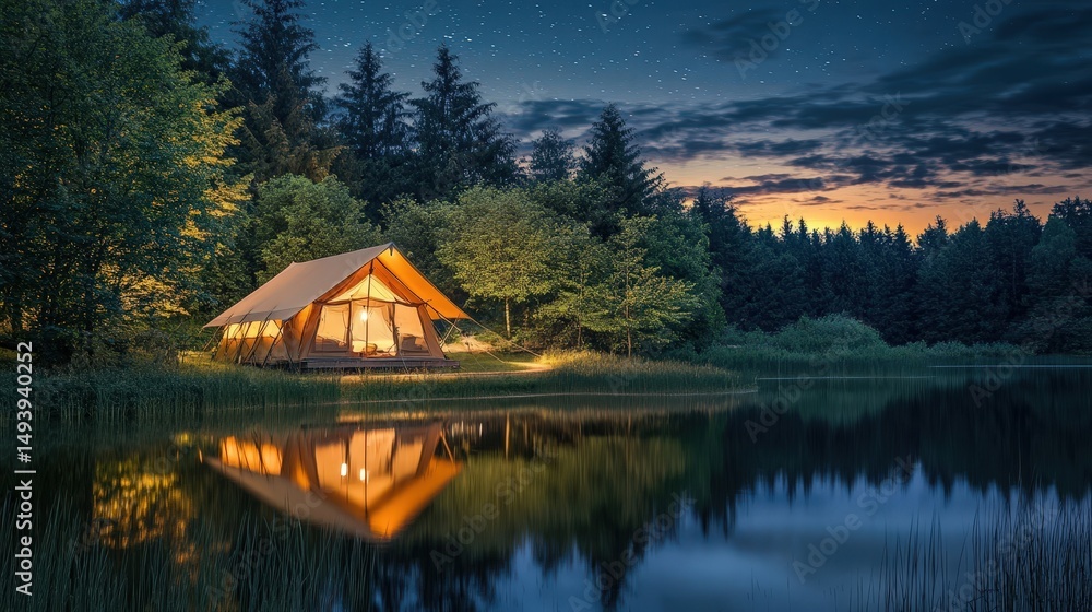 Fototapeta premium Cozy Glamping Cabin by a Serene Lake at Night, Surrounded by Lush Trees and Reflecting in Water