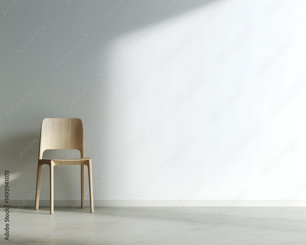 Minimalist interior with a modern wooden chair against a clean white wall. Natural side light and clear shadows create a calm, elegant, and spacious atmosphere. Perfect for design or lifestyle use. Minimalist interior with a modern wooden chair against a clean white wall. Natural side light and clear shadows create a calm, elegant, and spacious atmosphere. Perfect for design or lifestyle use.