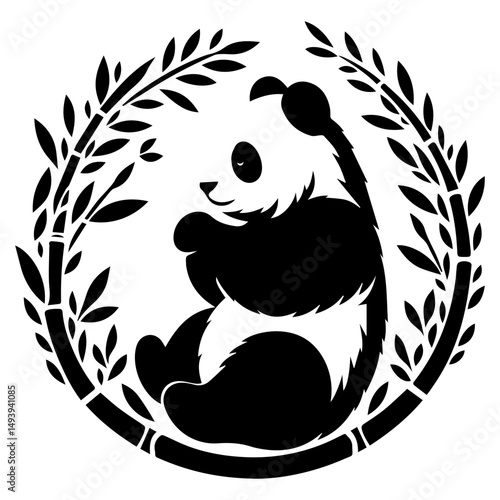 Panda surrounded by bamboo black and white logo on a white isolated background. Vector graphics.EPS.