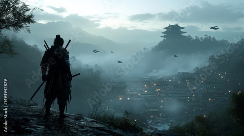 As sunset approaches, a solitary figure from feudal Japan surveys the sleek, modern skyscrapers of an Asian city