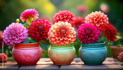 Wallpaper Mural Bunte handgetöpferte Blumentöpfe mit Dahlien – Nahaufnahme Torontodigital.ca